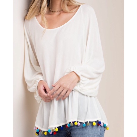 Cream Top with Pom Pom Trim 3/4 Sleeve - Picture 2 of 6